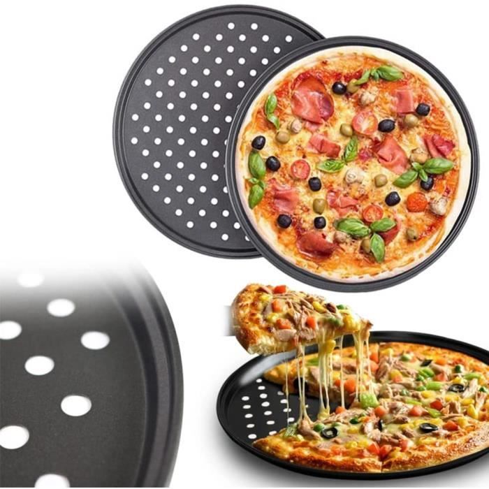 Relaxdays Plaque pizza, lot de 3, ronde, perforée, antiadhésive