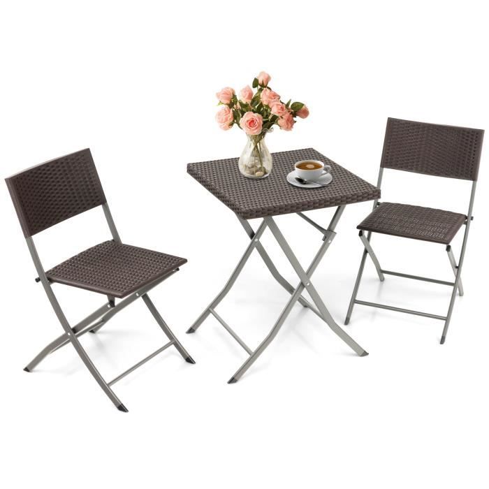 costway ensemble table et chaises de jardin 3 pièces en polyrotin table carrée pliable pour bistro, cour, blacon, piscine marron