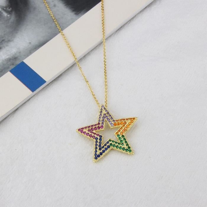 Pendentif Vintage étoile Et Triangle Plaqué Or - Chaîne Longue - Occasion Comme Neuf