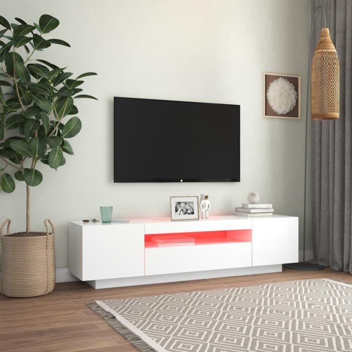Meuble TV - CUQUE - 84399 - Blanc - 160x35x40 cm - Lumières LED RVB