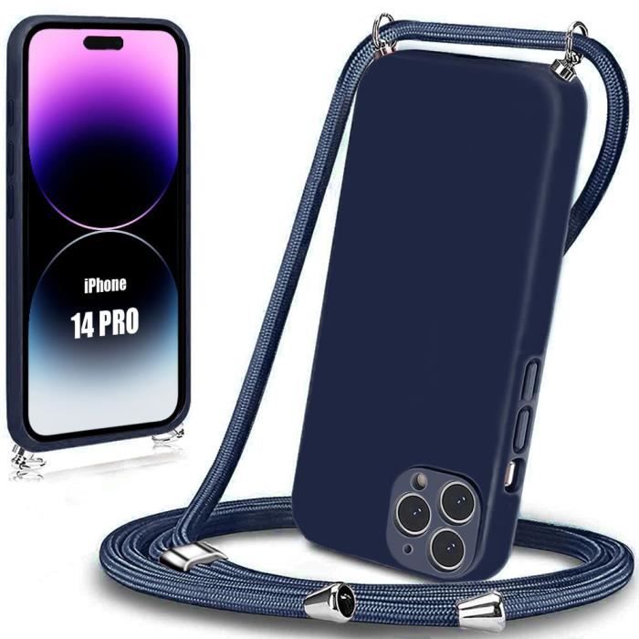 Coque Bandoulière Réglable pour iPhone 14 Pro Bleu Marine Souple Anti