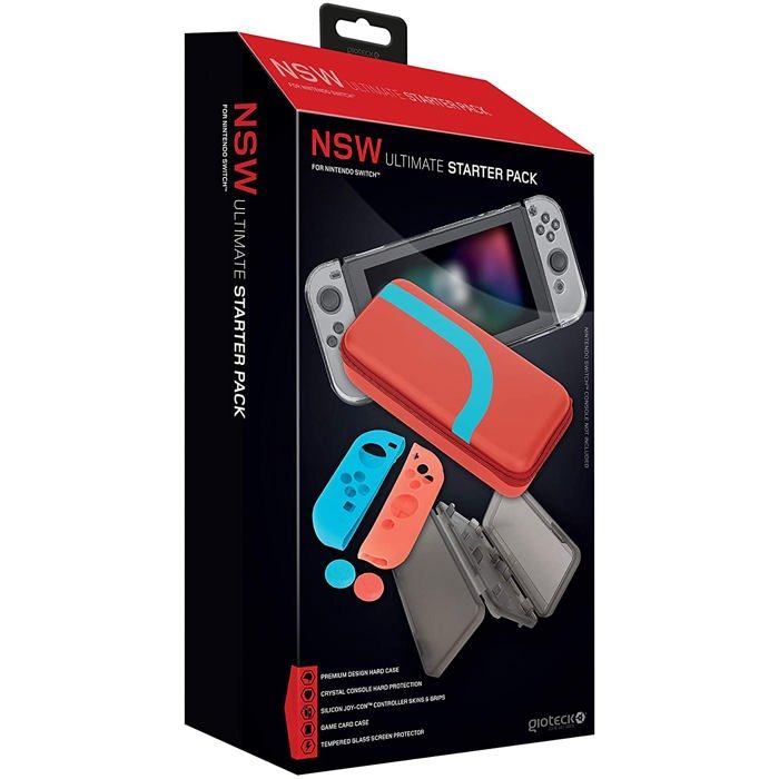 Gioteck Starter Pack daccessoires pour Switch - Housse de protection - Verre trempé 9H - Skins et Grips en silicone - boîtier de