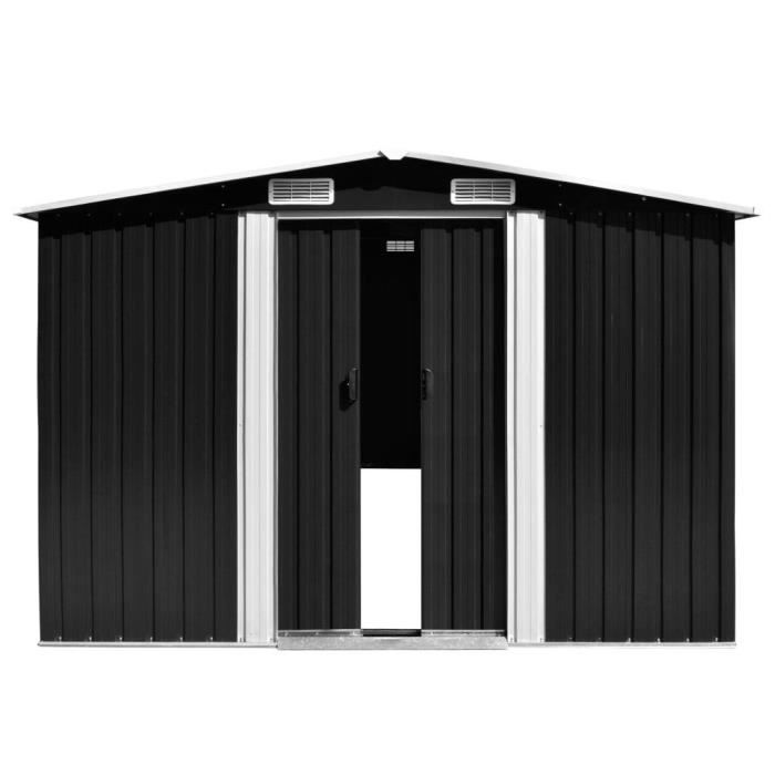 Abri De Jardin En Métal Anthracite 257x489x181 Cm - Acier Galvanisé, Double Porte Coulissante - Pour Rangement Outillage Et Mobilier Extérieur