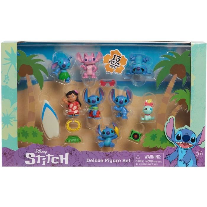 Figurines et accessoires - LICENCE /STITCH - Coffret Deluxe - 13 figurines et accessoires Stitch dans 5 poses planche de surf