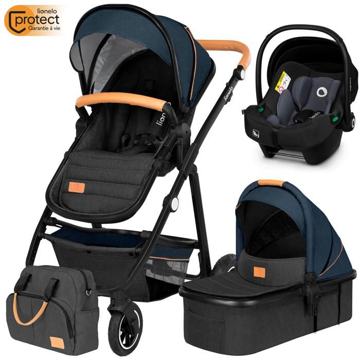 LIONELO Pack trio Poussette 3en1 bébé Amber avec cosi nacelle sac et accessoires - Bleu