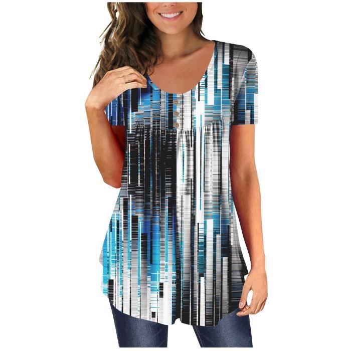 Tuniques Femme Manches Courtes - Col V Profond - Satin Polyester - Uni Et Imprimé