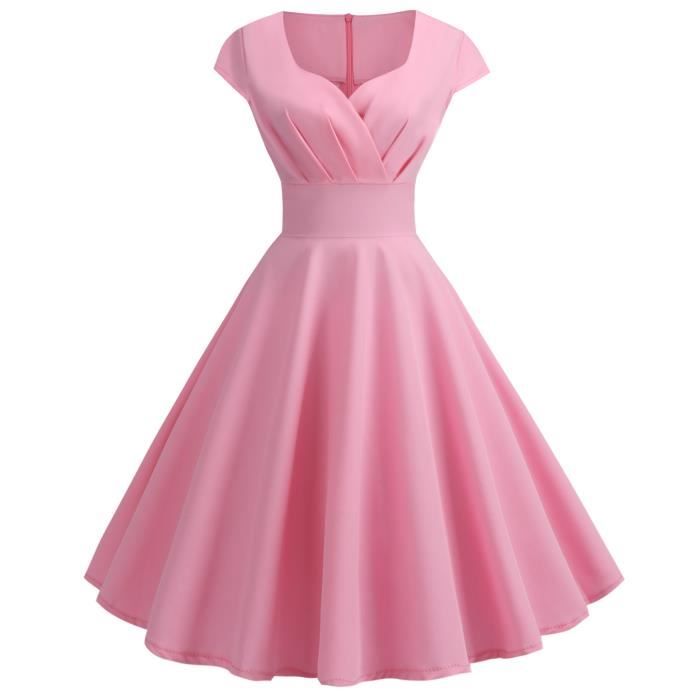 Robe de Soirée Cocktail Femme Col en V Manches Courtes Robe Plissée Vintage  Mi-longue Couleur Unie Rose