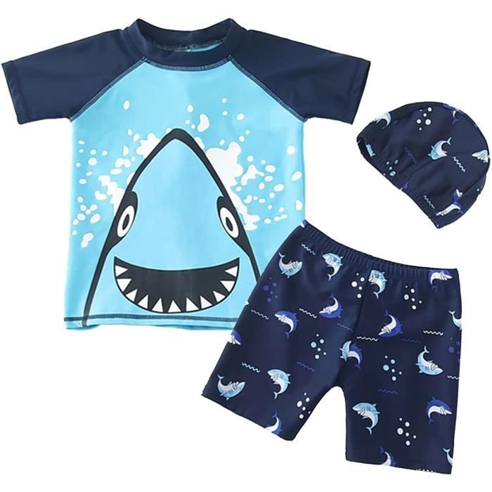 Maillot de Bain Garçon - Noname - 3 pièces - Anti UV - T-shirt + Shorts + Bonnet - Bleu