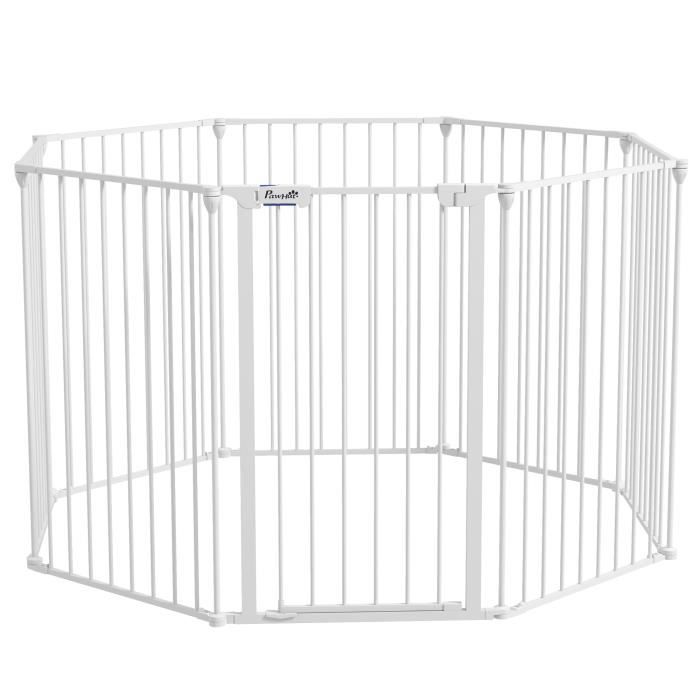 PawHut Barrière de sécurité barrière de protection cheminée parc enclos chien pliable modulable 8 panneaux blanc