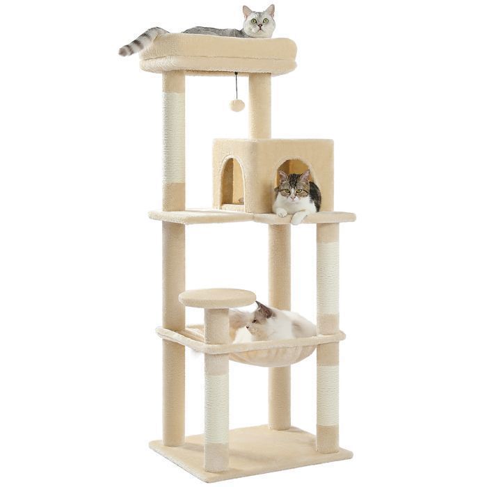 Comparer les prix de PAWZ Road Arbre à chat Design Spacieux Grande Hamac Dur Stable Avec hamac et belle maison pour chat - Beige - 143 cm