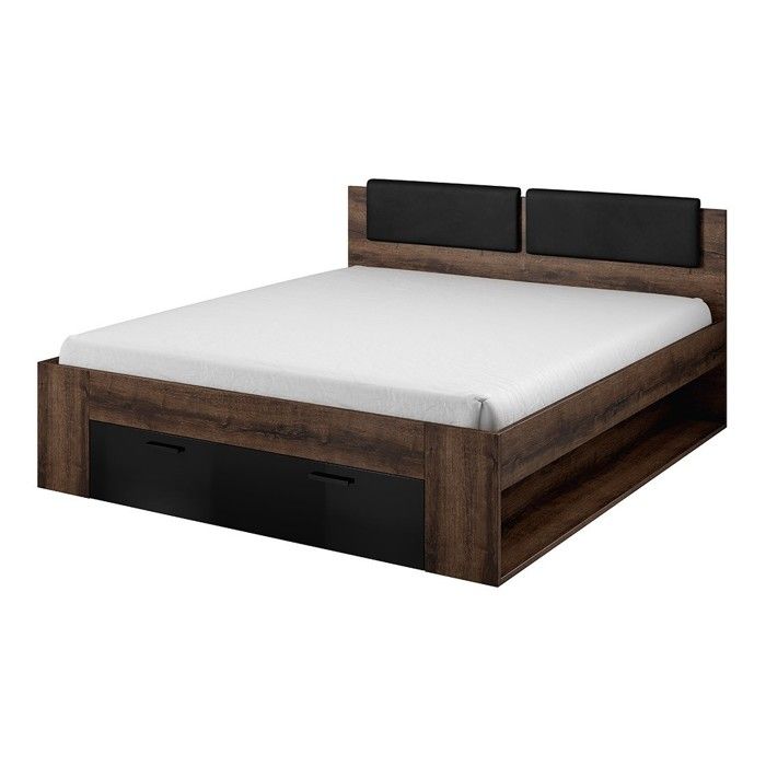Lit adulte 180x200 avec tiroirs intégrés - Collection FLOYD. Coloris chêne foncé et noir Lit adulte 180x200 avec tiroirs intégrés - Collection FLOYD. Coloris chêne foncé et noir