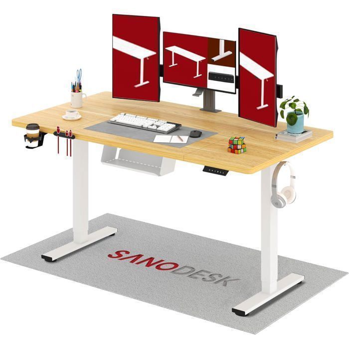 SANODESK Bureau Assis Debout Électrique 160x60cm avec Système Anti-Collision et Fonctions Mémoires Crochet/Porte-gobelet Érable