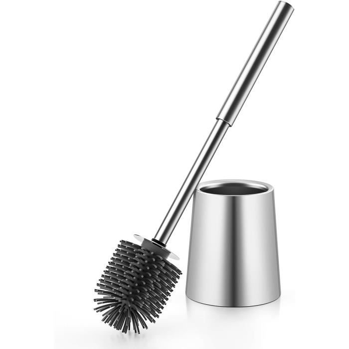 SOPRANNOMIN SUS304 Brosse WC en Acier Inoxydable et Support en Silicone TPE Tête de Brosse de Toilette pour Cuvette Salle de Bain Brosse de Nettoyage Caddy Argent Brossé