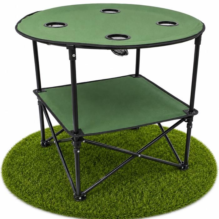Table camping pliante en tissu TERRE JARDIN - Vert et noir - 4 porte-verres - Etagère intégrée - Diamètre 75 cm