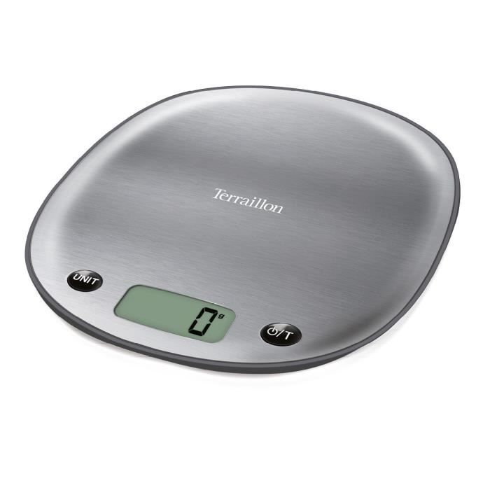 Terraillon Balance de Cuisine, Tare, Conversions Liquides, Poignée intégrée, Portée 5 kg, Macaron Inox, Réglisse