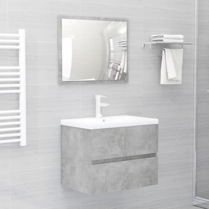 meuble de salle de bain - simple vasque - l 60cm, meuble sous lavabo + mirror, meuble de rangement de salle de bain, gris béton m44