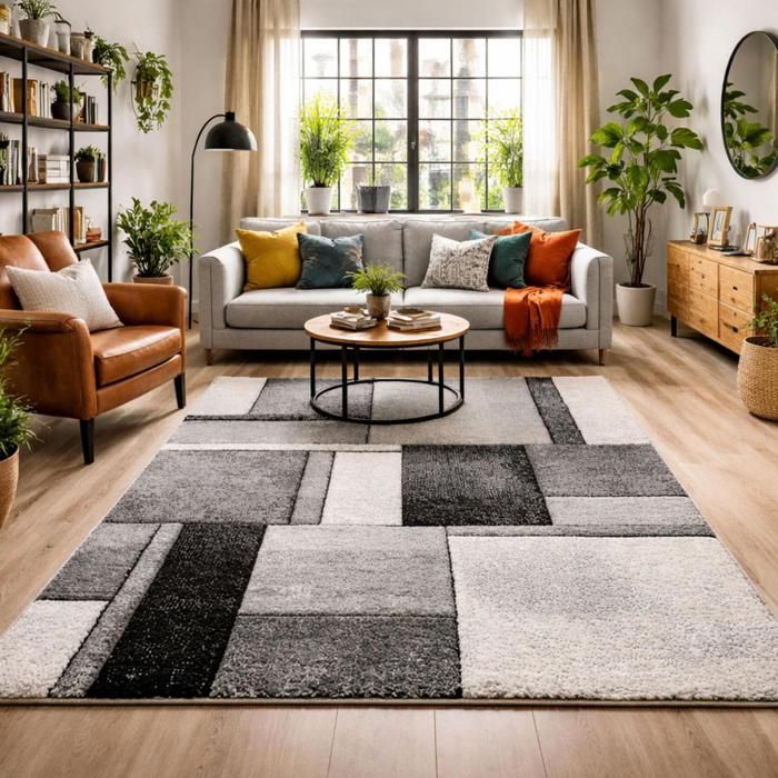 tapis entrée 60x110 tissé gris rectangle motif géométrique LYN8 GEOME