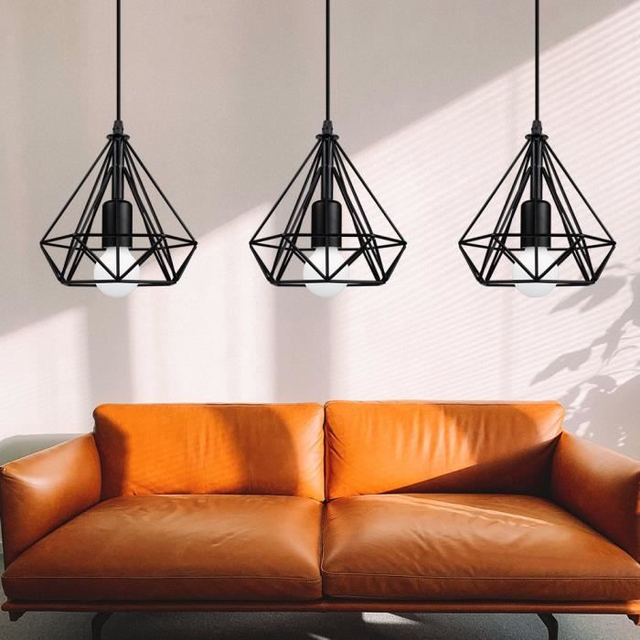 UNI Lampe Suspendue Vintage Rétro Cage Diamant en Métal 20CM Plafonnier Lustre Noir 4PCS
