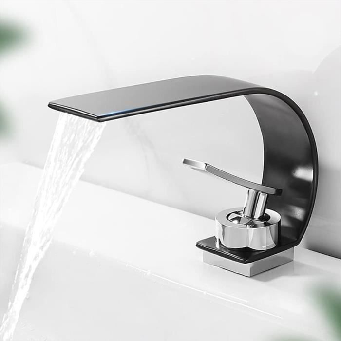 Robinet Lavabo Cascade Noir - Mitigeur Eau Chaude/Froide Laiton, Design Moderne Court