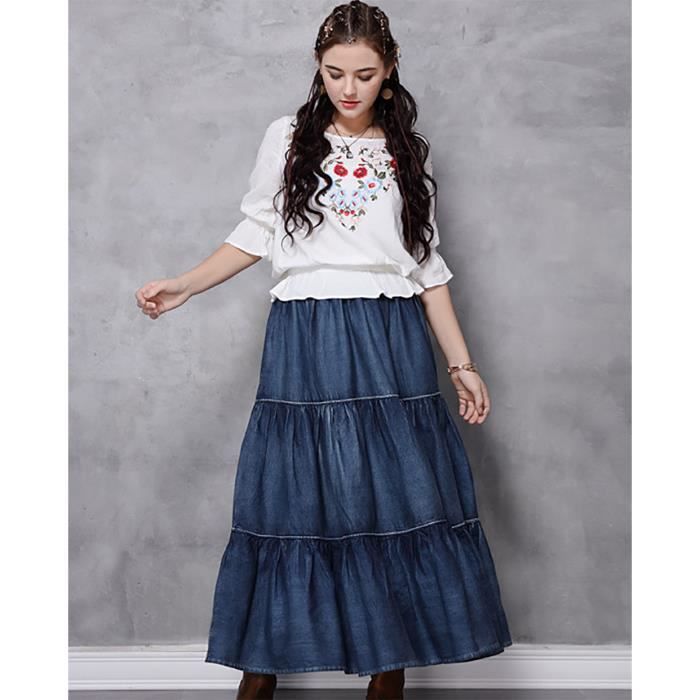 Jupe longue en jean pour femme nouveau ete 2020 bleu denim de coton a volants taille elastique Bleu Cdiscount Pret a Porter