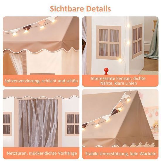 Tente Cabane Enfant 123x100x123 Cm – Avec Fenêtres, Rideau, Guirlandes Lumineuses Et Balles – Intérieur/extérieur – Dès 3 Ans