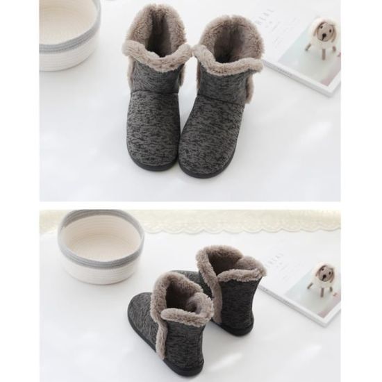 Chaussons Bottes D'intérieur – Doublure Polaire, Semelle Antidérapante, Pour Femme Et Homme, Gris/noir/café
