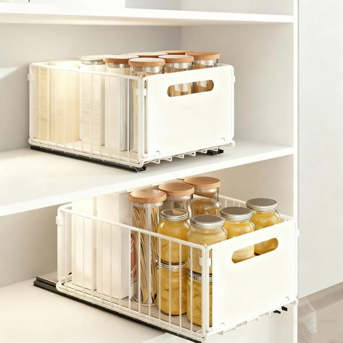 Lot de 2 tiroir coulissant cuisine-MENGDA-Organisateur de placard extensible-Aucun perçage ni clouage requis-38×25×19cm-Blanc