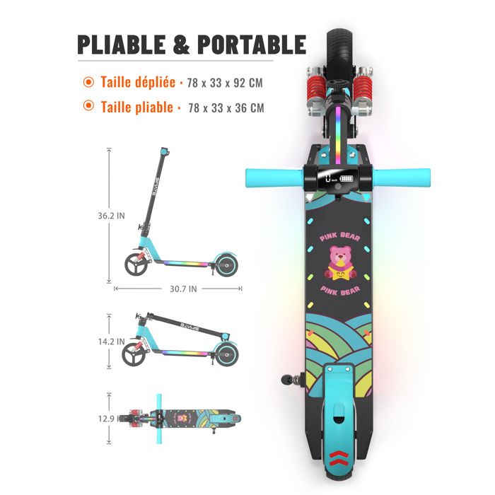 Trottinette électrique AIYAPLAY Enfant – 3 Roues – 8 Km/h – Autonomie 8 Km – Lumières LED – Pliable – Bleu – Dès 6 Ans