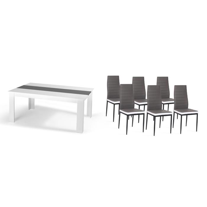 Ensemble table à manger georgia 140 cm blanche et noire et 6 chaises romane noires liseré blanc