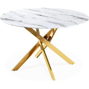 TABLE À MANGER SEULE Table ronde en verre effet marbre et pied doré Hol