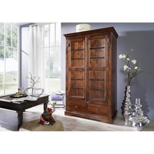 Armoire Coloniale 2 Portes Vitrées Et 2 Tiroirs, Bois Massif Ciré, 187x81x33cm