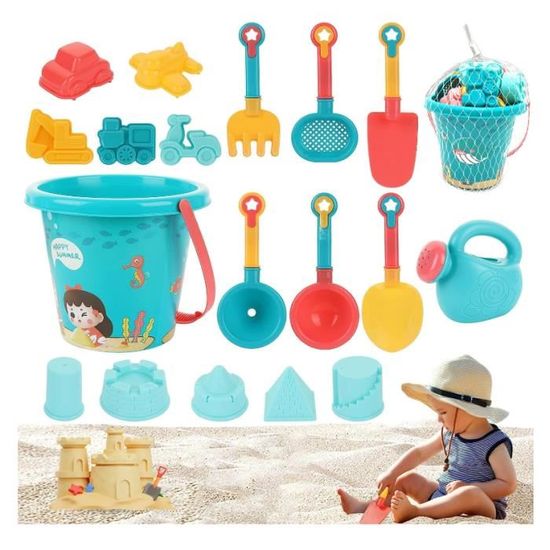 Sanlebi Jeux de Plage Enfant -Jouet Plage avec Sac en Filet, Seau Plage, Roue À Eau, Pelle