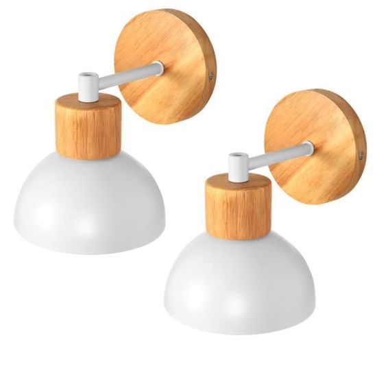 Lot 2 Appliques Murales Bois Et Métal E27 - Lampe Murale Rotative Chambre Salon Blanc