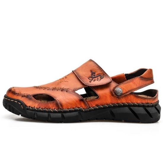 Sandales Homme Rojeam En Cuir - Bout Fermé, Semelle Antidérapante - Pour Randonnée, Plage, Trekking