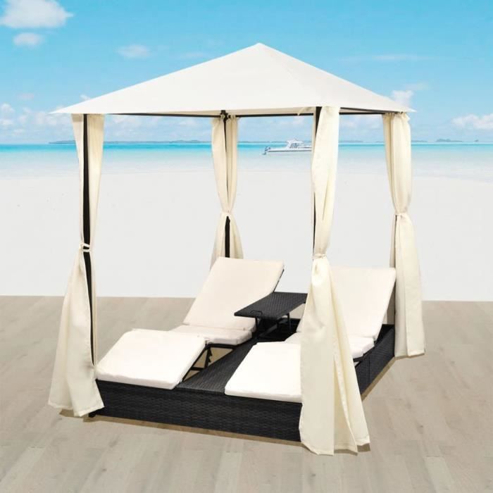 Chaise longue double avec rideaux Résine tressée Noir -JIL