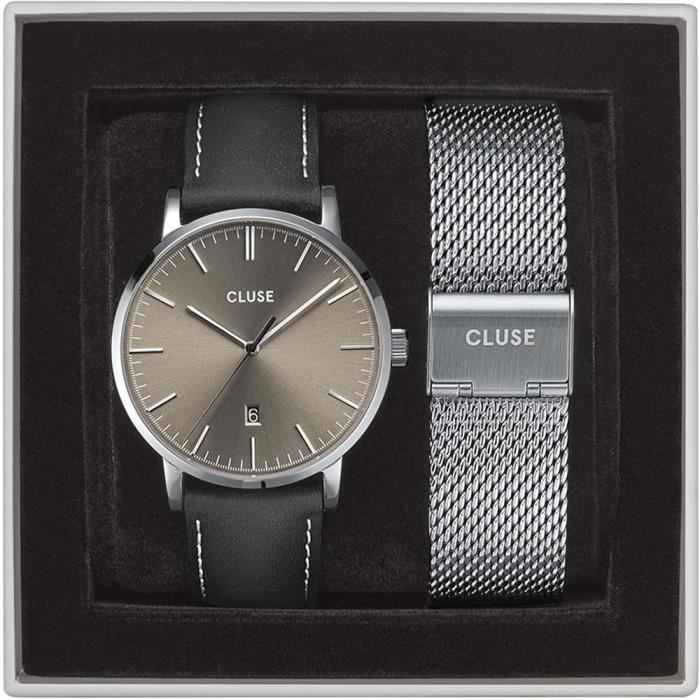 Cluse Aravis Femme 40mm Bracelet Cuir Noir Quartz Montre CG1519501001