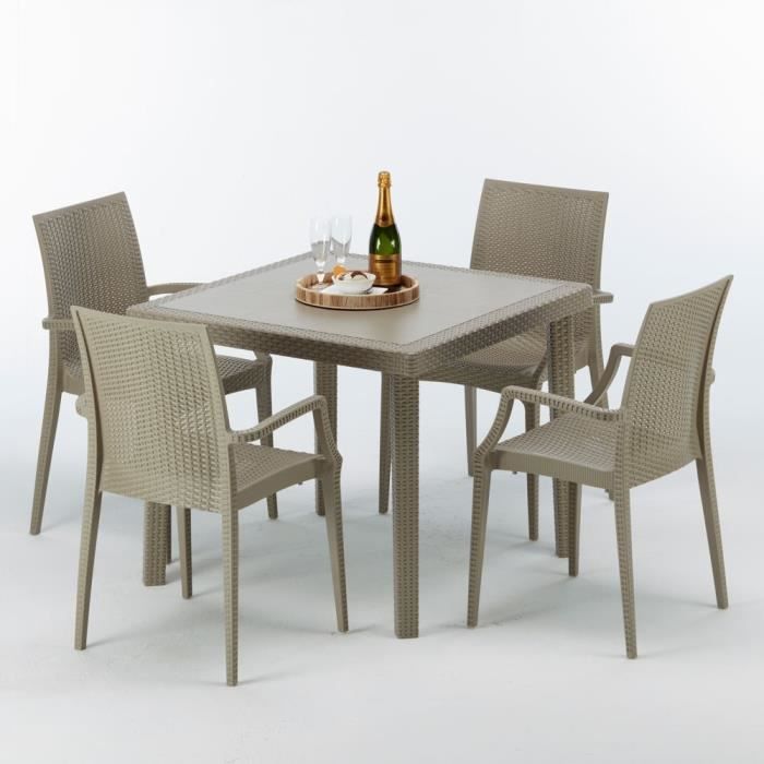 Table carrée beige + 4 chaises colorées Poly rotin synthétique Elegance, Chaises Modèle: Bistrot Arm Beige Juta