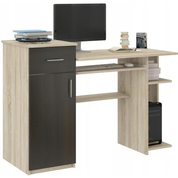 BERGEN - Bureau moderne d'ordinateur - 120x76x50 cm - Bureau ordinateur PC - Support clavier étagère imprimante - Wengé-Sonoma