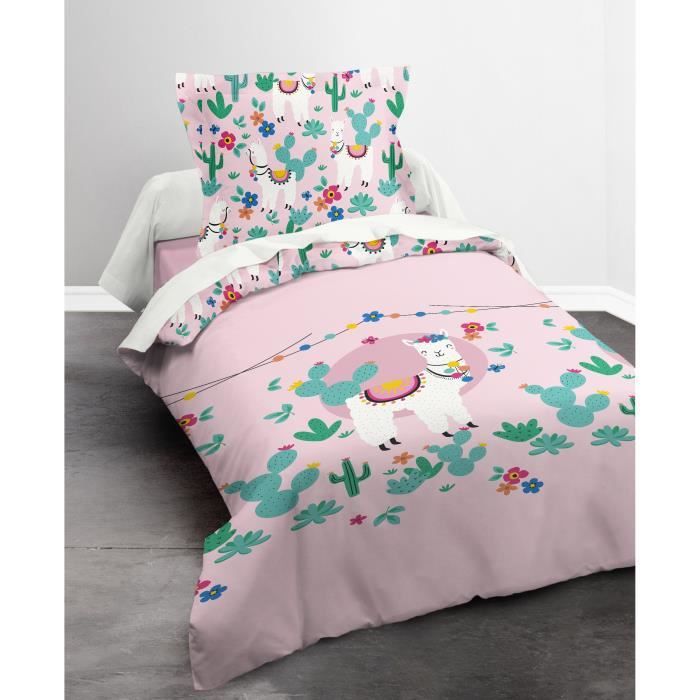 TODAY Parure de couette 100% coton HAPPY LAMA 1 Housse de couette 140x200cm et 1 Taie d'oreiller 63x63cm