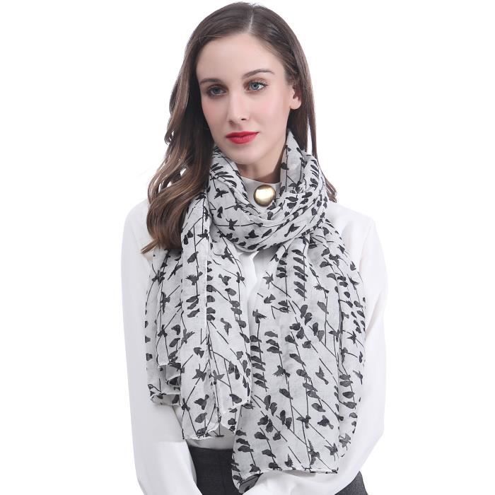 Grand Foulard Echarpe Etole Femme Motifs Oiseaux - Blanc