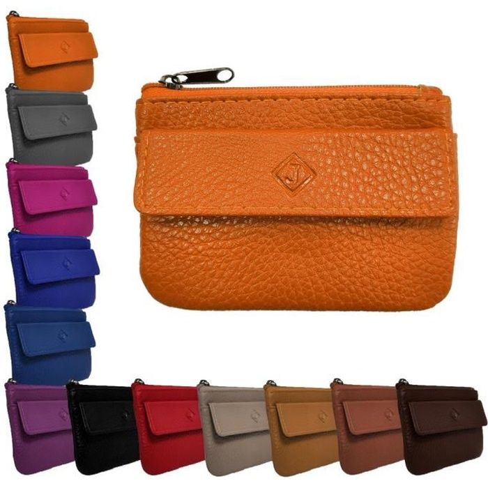 Porte Monnaie Cuir Homme / Femme pour billets, carte, monnaie et clé, 2 fermetures, compact, en plusieurs couleur -Orange-LOLUNA®