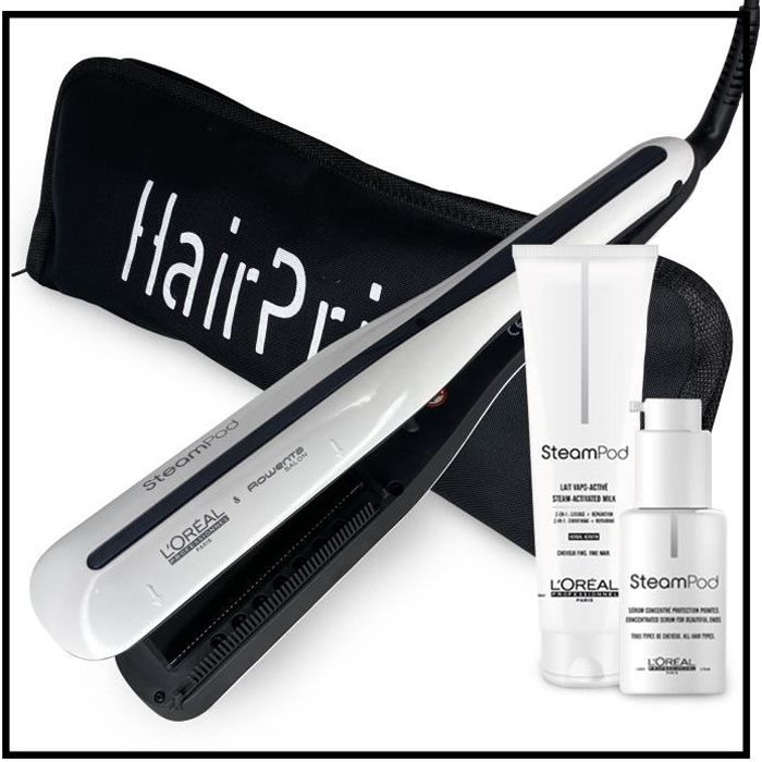L'Oréal Professionnel Steampod 3.0 Fer à Lisser Lisseur + Lait Cheveux Fins 150 ml + Serum + Trousse Rangement Plate Noire Hairprice