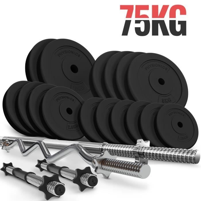 Physionics® Set de Barres d'Haltère avec Disques de Poids - Set 75 kg, Barre Longue, 2 Barres Courtes, Barre EZ, Disques - Fitness