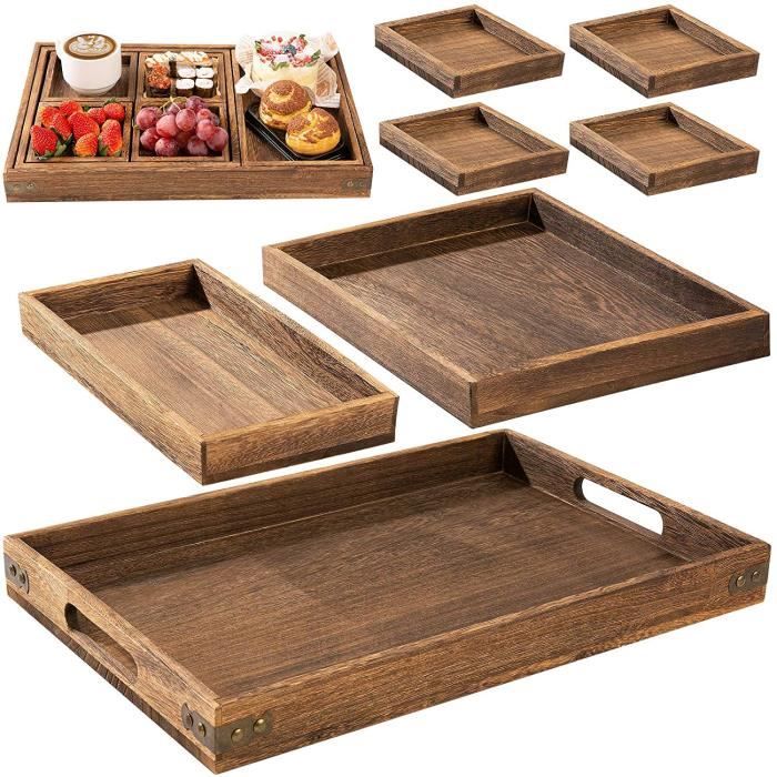 Yangbaga 7pcs Plateau de service en bois de paulownia, pour vaisselle, boissons, plateau de service pour réception de fête