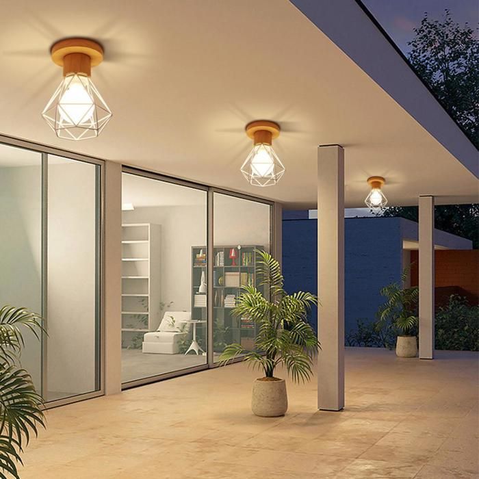 WOTTES Plafonnier Industriel E27 Lustre Éclairage Plafond Luminaire Vintage Métal et Bois Forme Cage 3PCS Blanc Pour Salon - Wottes