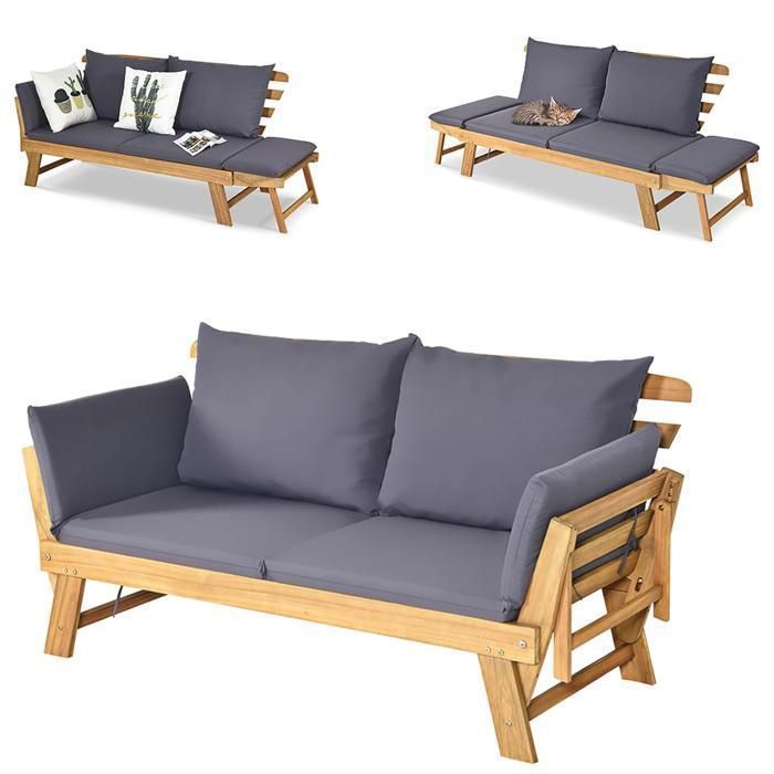 GIANTEX Canapé Lit de Jardin Extensible-2 Place-Coussin-Oreiller-FSC-Fauteuil Extérieur&Intérieur-Bois dAcacia-Charge 320KG-Gris