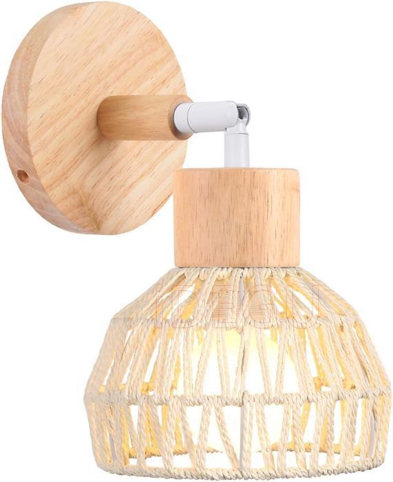 IDEGU Applique Murale Intérieure Rétro Lampe Murale en Rotin et Bois Ajustable Luminaire Plafonnier Style-D Rotin Blanc Ø15cm