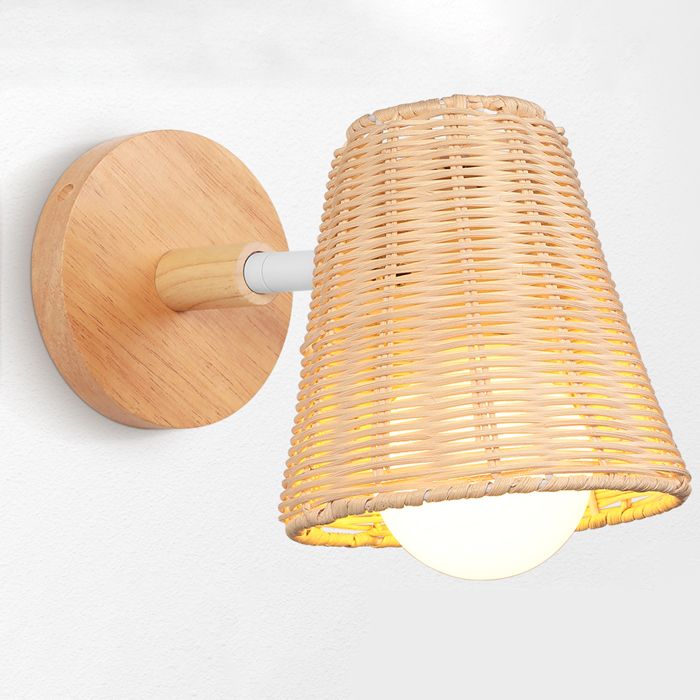 SNOGOLD Applique Murale en Rotin Tissé Abat-jour en Bambou Tissé à la Main Lampe Murale avec Base en Bois pour Chambre Salon