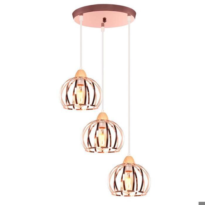 iDEGU 3lampes Moderne Suspension Luminaire Industriel Lustre Vintage en Cage Plafonnier Ajustable en Bois Métal pour Salon Chambre