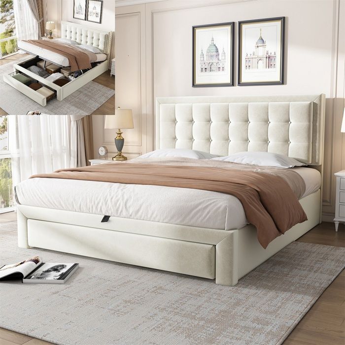 Lit coffre 140x190 cm - Rembourré - Beige - 2 tiroirs - Sommier à lattes - Design contemporain